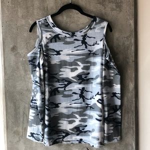 Long Sleeve Camo Print Cold Shoulder Tee